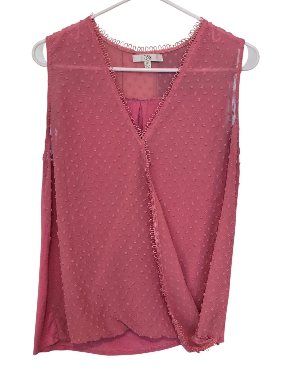 Q&A Mauve Swiss Dot Faux Wrap Sleeveless Paneled Romantic Blouse Size LP